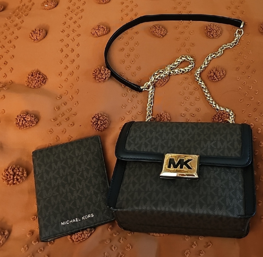 Michael Kors Black and Brown Crossbody Bag With Passport Holder